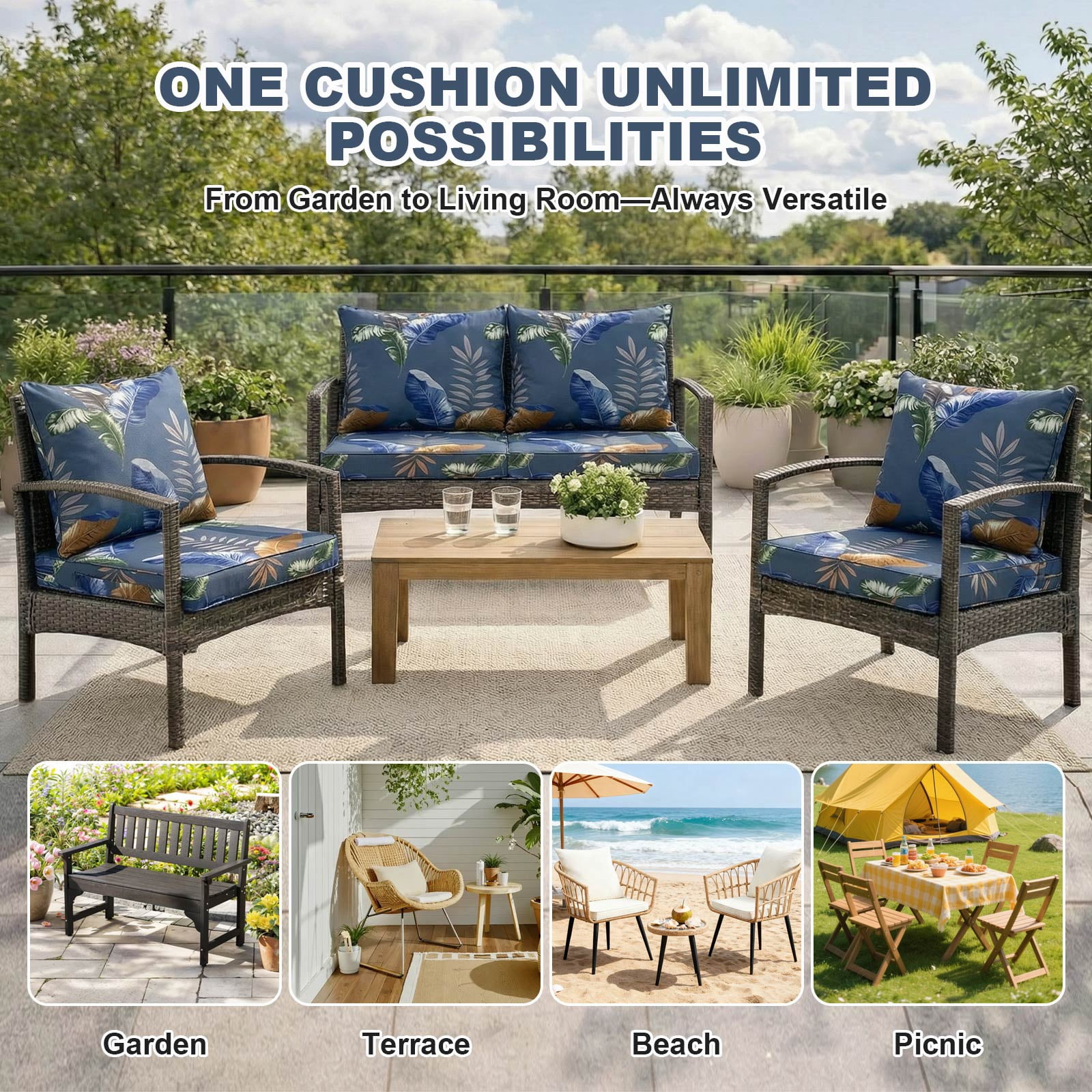 Outdoor Seat Cushion Set 24 x 24 Inch Waterproof & Fade Resistant Patio Furniture Cushions with Removable Cover, Outdoor Sofa Replacement Seat & Back Cushions for Chair Sofa Couch, Blue Leaves