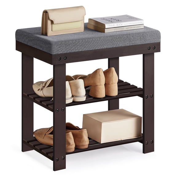 3-Tier Bamboo Shoe Bench - Entryway Organizer with Padded Seat (300 lb Capacity) & 2 Shelves, Rustic Walnut and Slate Gray