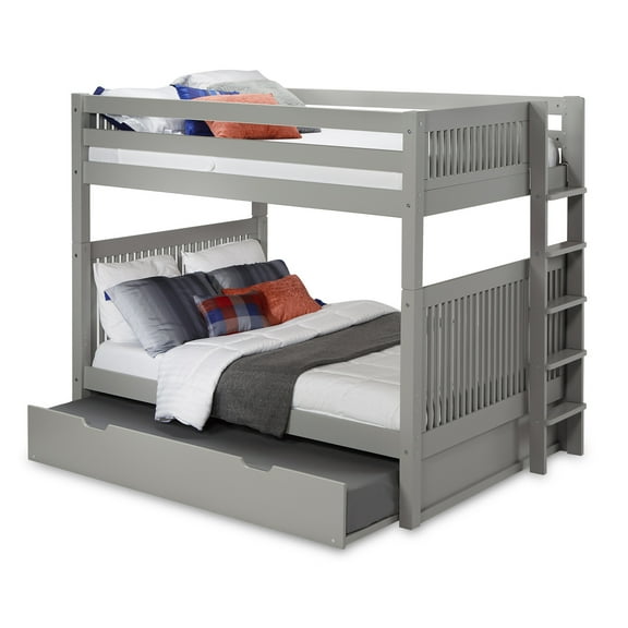 Camaflexi Full over Full Bunk Bed with Twin Trundle - Mission Headboard - Bed End Ladder - Grey Finish