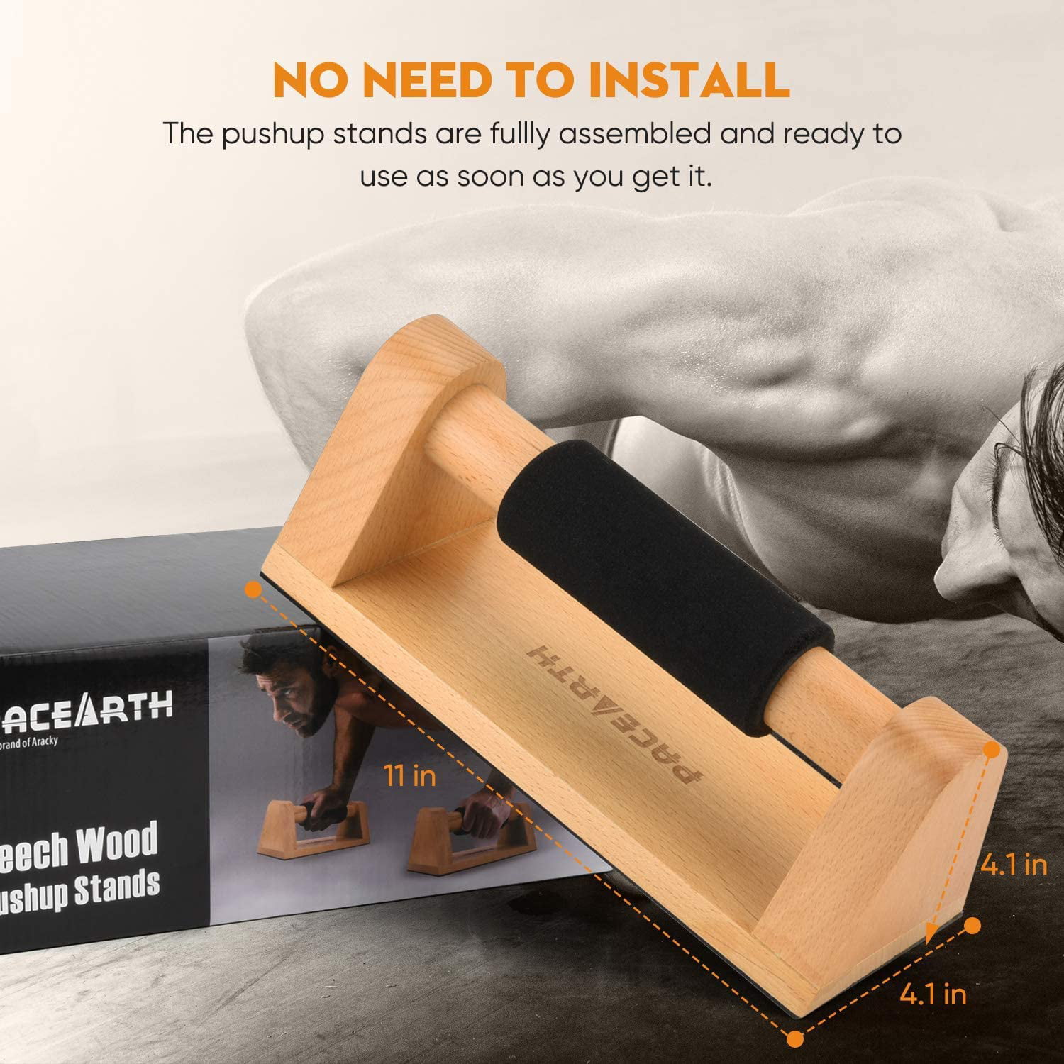PACEARTH Wood Push Up Bars with Full Non-Slip Baseplate 8mm Comfortable Rubber Grip Push Up Stand,with Fabric Booty Bands Resistance Working Out Band for Home Gym Fitness Body Building Muscle 