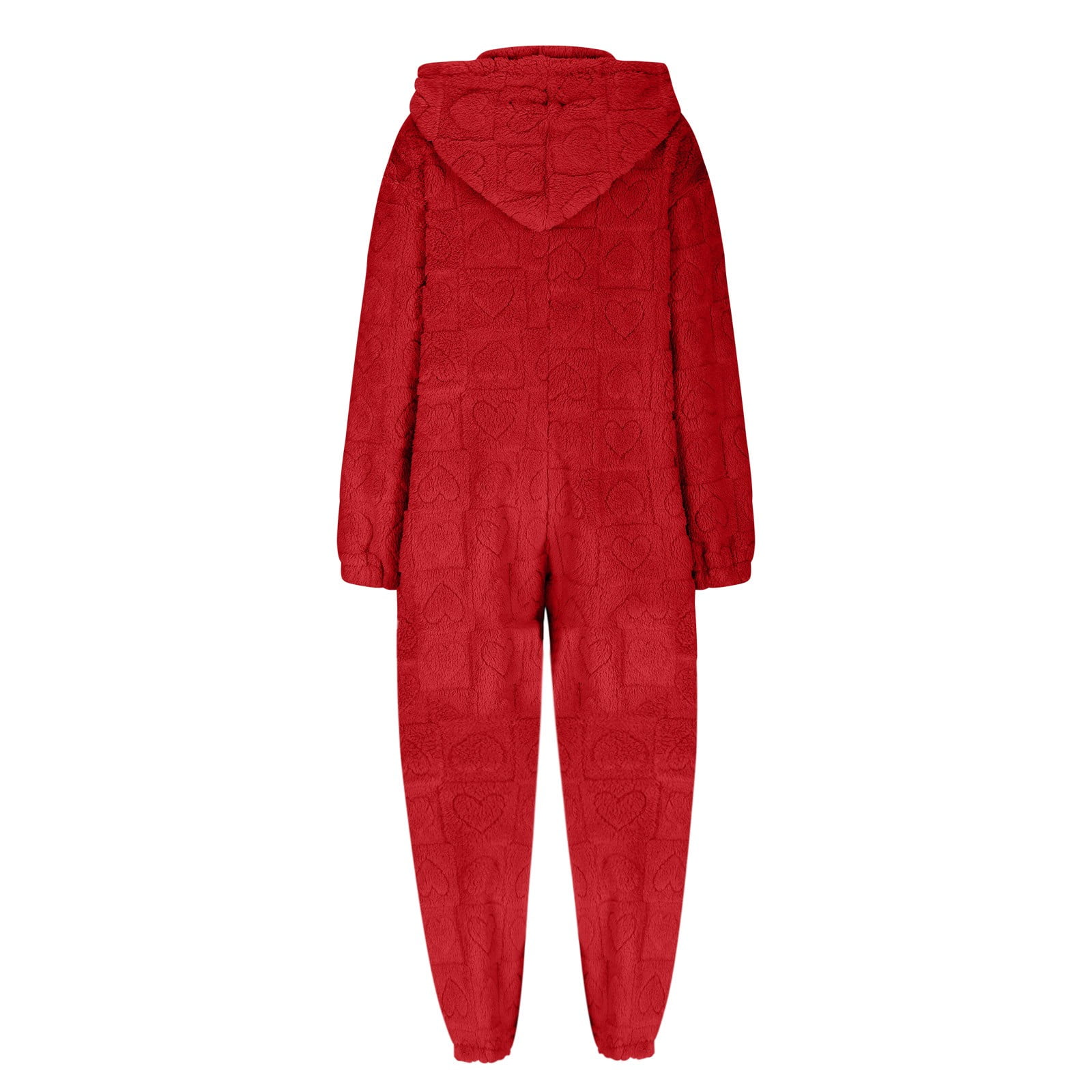 BiZtdJrK Women's Furry Sherpa Onesie Pajamas Fashion Heart Jacquard Jumpsuits Cute Ear Hood Romper Lounge Sleepwear, Red, M