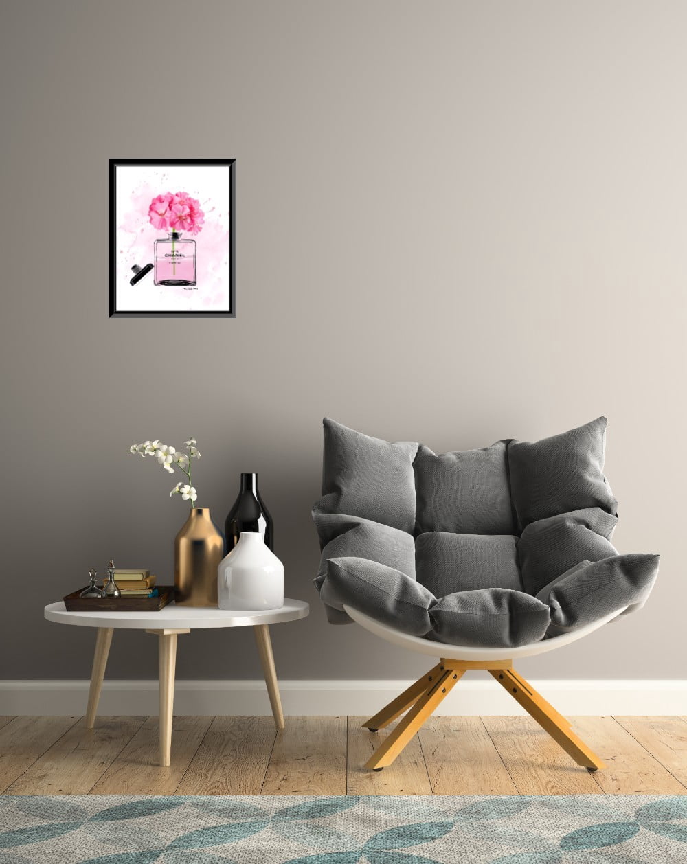 Venice Beach Collection's Pink Flowers in a Glam Perfume Bottle 14x18 Framed Print