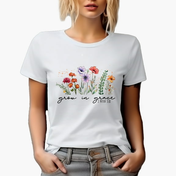 Grow in Grace 2 Peter 3 18 Bible Verse with Flowers Art Merch Gift, White T-Shirt, Small