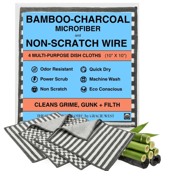 Dish Cloths for Washing Dishes 4pk | No-Smell Dish Rags with Non-Scratch Wire Scrubber Side for Kitchen Cleaning | Grime-Fighting Bamboo-Charcoal Microfiber 2-Sided Dishrags by Gracie West