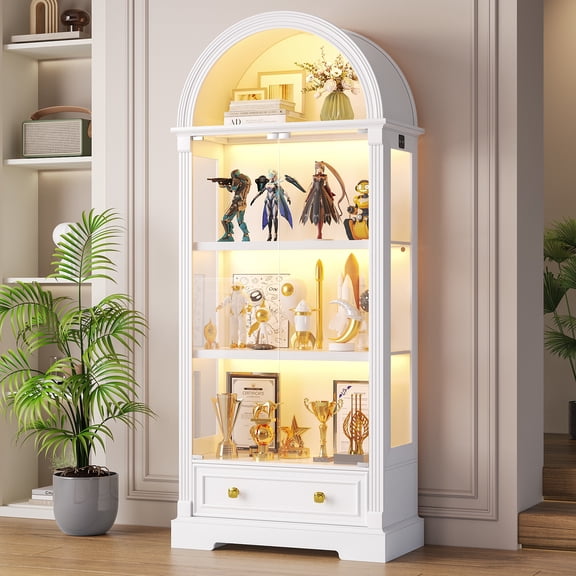 VKCC Arched Curio Cabinet with Glass Door, LED Display Cabinet with Drawer for Living Room Bedroom, White