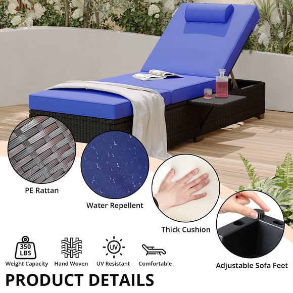 Set of 2 Adjustable 5-Position Backrest Outdoor PE Wicker Chaise Lounge Chairs – 78'' Long Reclining Patio Pool Lounger with Removable Tabletop & Sky Blue Cushions – Brown Rattan + Sky Blue Cushion