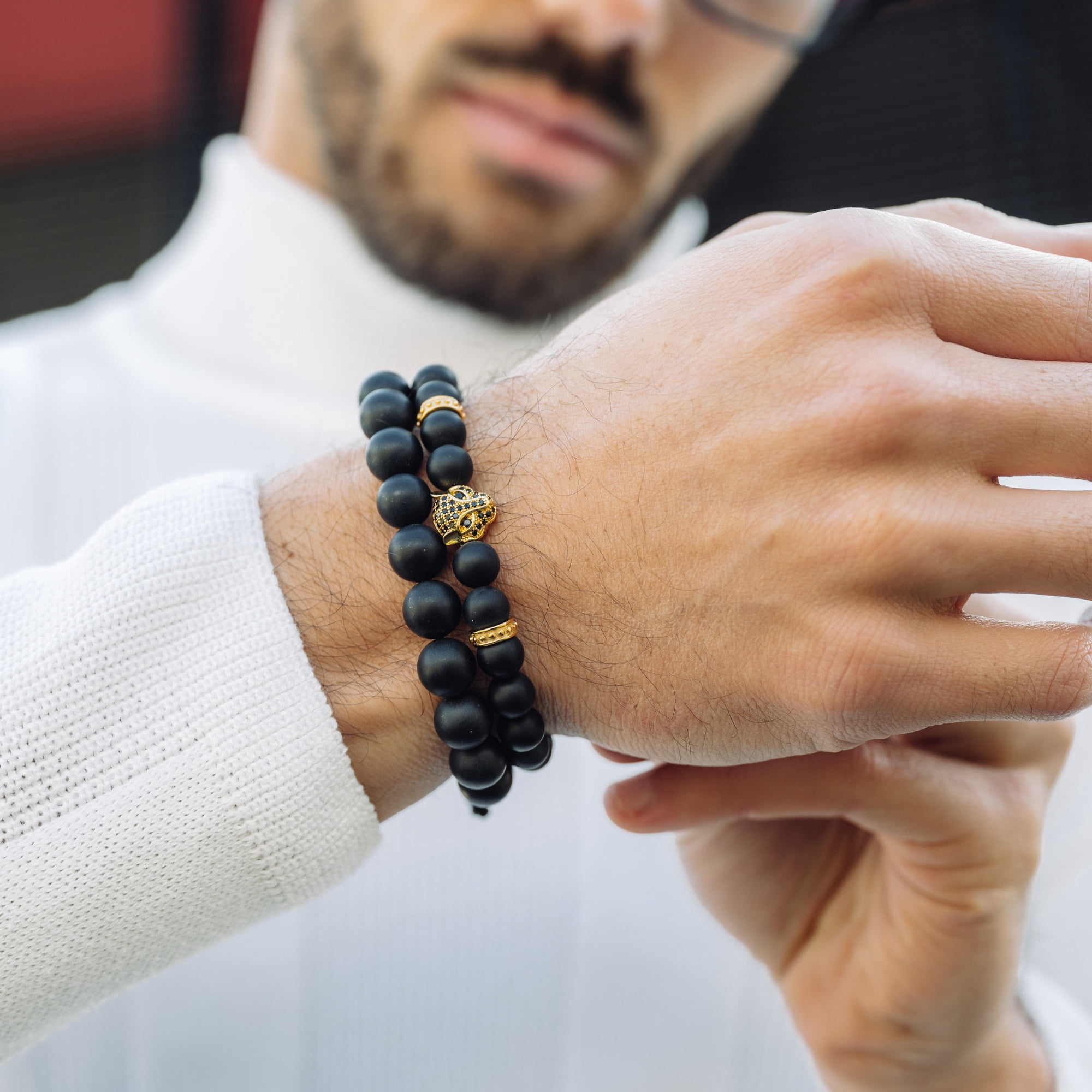 Men's BLACK ONYX Bracelet with Golden LEOPARD Head  | Gift for Men | One Size Fits All | 100% Natural | Gemstone Adjustable Bracelet