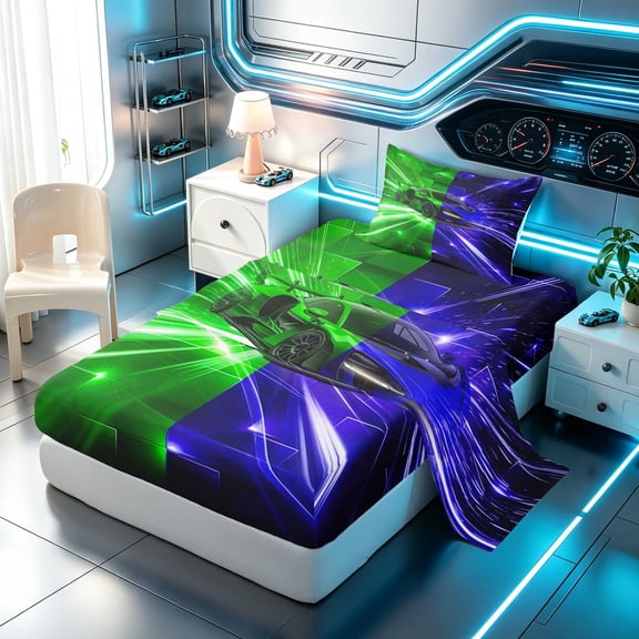 Erosebridal Race Car Twin Sheets, Speed Light Bedding, Green Blue 3-Piece (1 Flat Sheet, 1 Fitted Sheet and 1 Pillowcase)