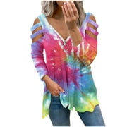 CZHJS Women's Comfy Lightweight Pullover For Fall Cutout Long Sleeve Shirts Casual Loose Zipper V Neck Tie Dye Floral Printing Tops Fashion Vintage Clothing Trendy Work Flowy Tunic Multicolor M