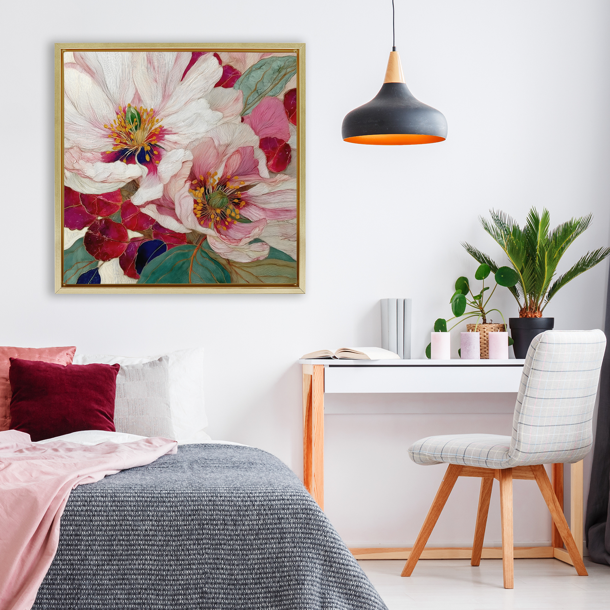 Cimarron Flowers Ornate Details Gold Framed Floater Canvas Wall Art, design by Annabelle Hall