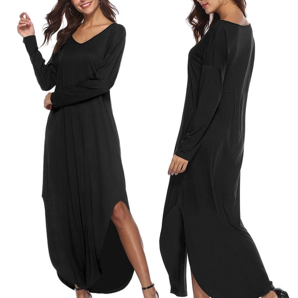 Maxi Partido Cuello EnV Manga Larga Casual Mujer Casuales Apariencia Atractiva Muchacha S negro Hugo Vestido largo maxi de las mujeres