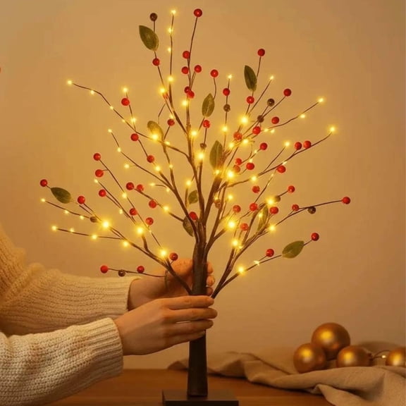 Red Berry Blossom Twinkling Tree, Shockproof and Waterproof, 2026 New Decorative Tree with Lights, with 24 LED Beads and 48 Reds Berries, Removable Base, for Christmas, Thanksgiving