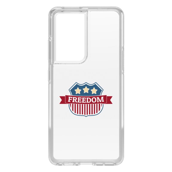 DistinctInk Clear Shockproof Hybrid Case for Galaxy S21 ULTRA 5G (6.8" Screen) - TPU Bumper Acrylic Back Tempered Glass Screen Protector - USA Freedom Badge Red White & Blue