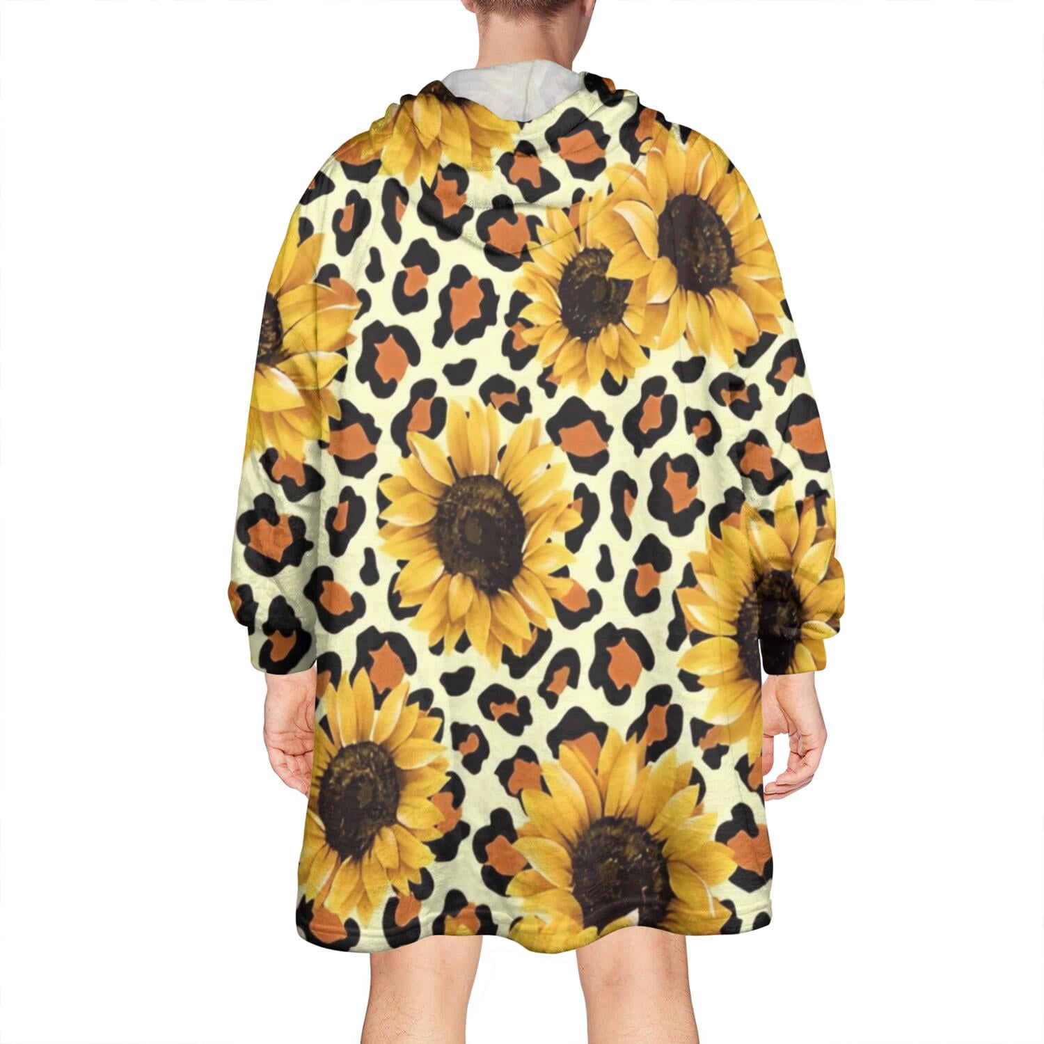 Leopard Sunflower Pattern Wearable Oversized Blanket,Wearable Blanket Hoodie for Adults,Cozy Hooded Blankets with Super Pockets,Super Warm Fuzzy Pullover for Women & Men