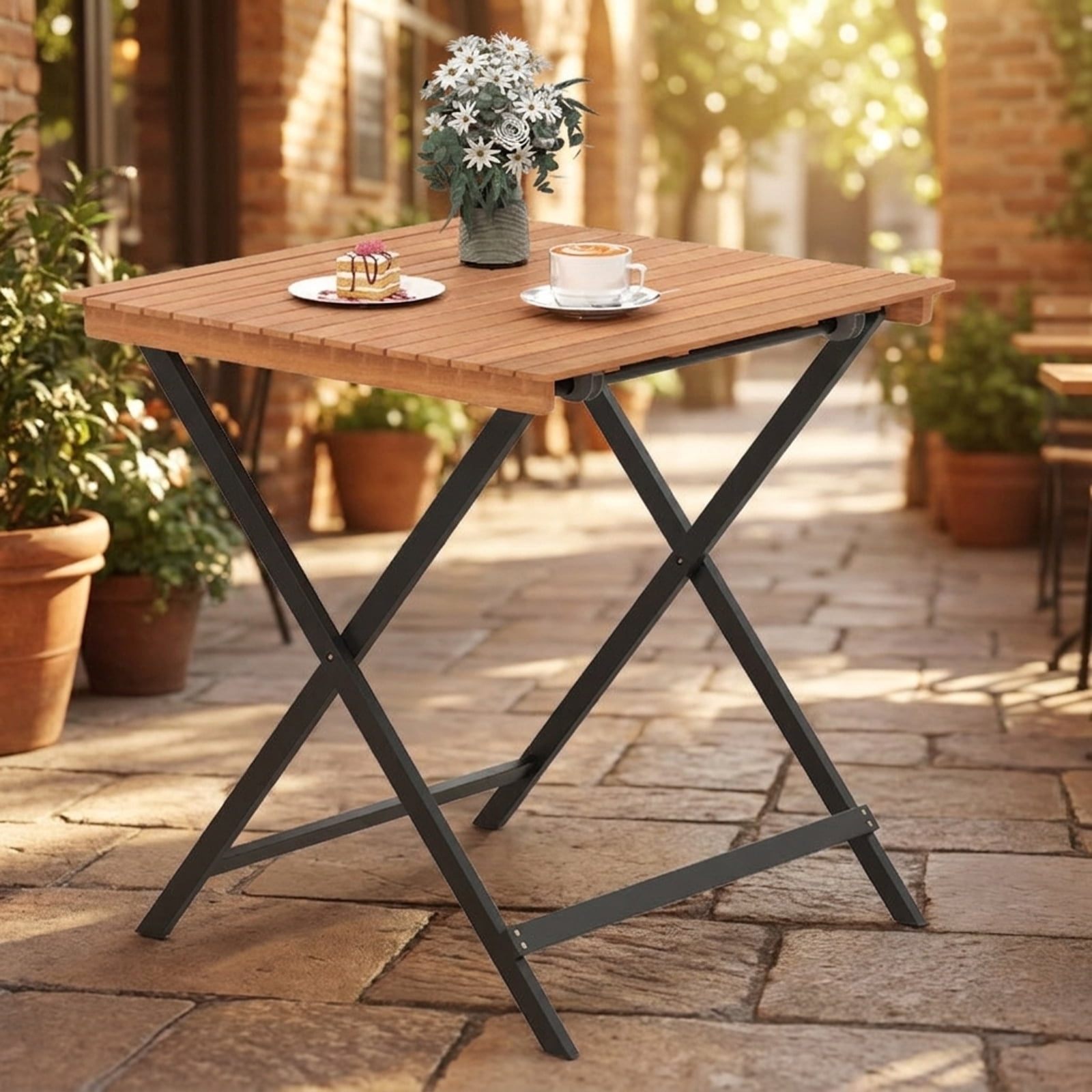 Biotree 28 Inch Folding Square Outdoor Table with Slatted Acacia Wood Top for the Patio Backyard and Porch to Enjoy Meals and Drinks Outside, Black