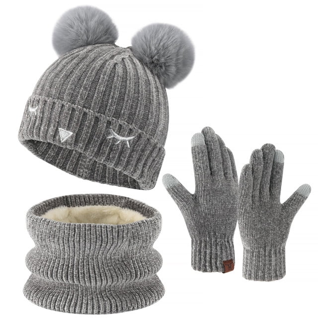Kids Winter Striped Beanie Hat Gloves Children Accessories Thermal Knit Gloves Mittens Snood Hat Cold Weather Sets Thick Warm Fleece Lined for Boys Girls 