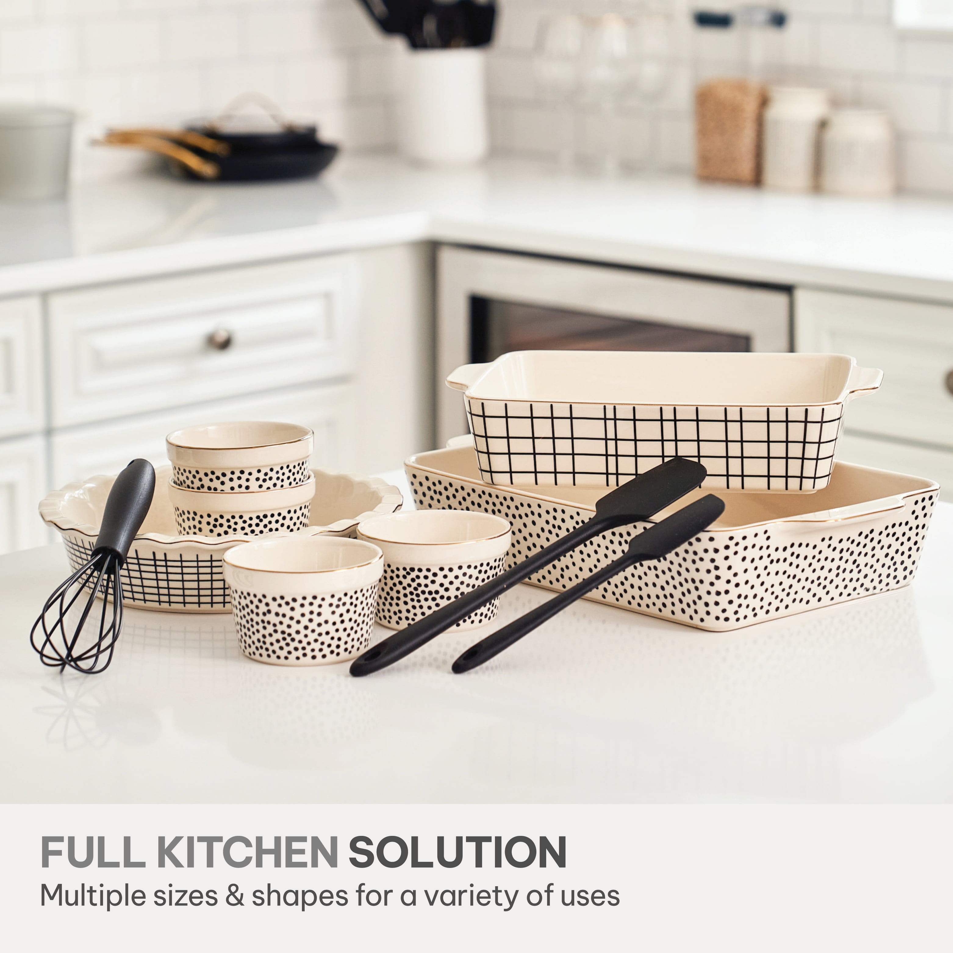 Thyme & Table, 10-Piece Ceramic Bakeware Set, with Spatulas & Whisk, Dot
