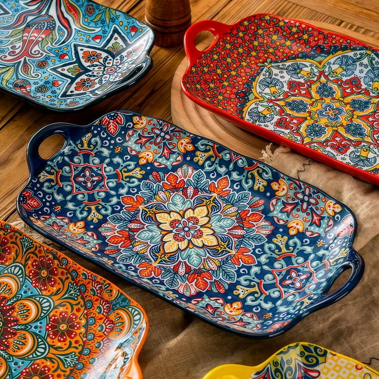 TAUFIKT Boho Style Ceramic Dinner Plate Set of 4 with Handles, Large 12-Inch Dinner Plate