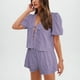 thumbnail image 2 of Camisas de Color Sólido para Mujeres Verano Manga Corta Cuello en V Cuello Delantero Corbata Camisa Pantalones Cortos Conjunto, 2 of 7