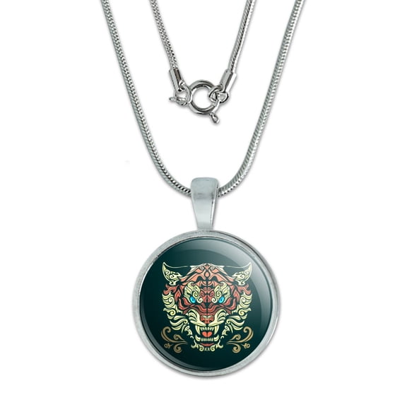 Fierce Snarling Tribal Tiger Oni  0.75" Pendant with Sterling Silver Plated Chain