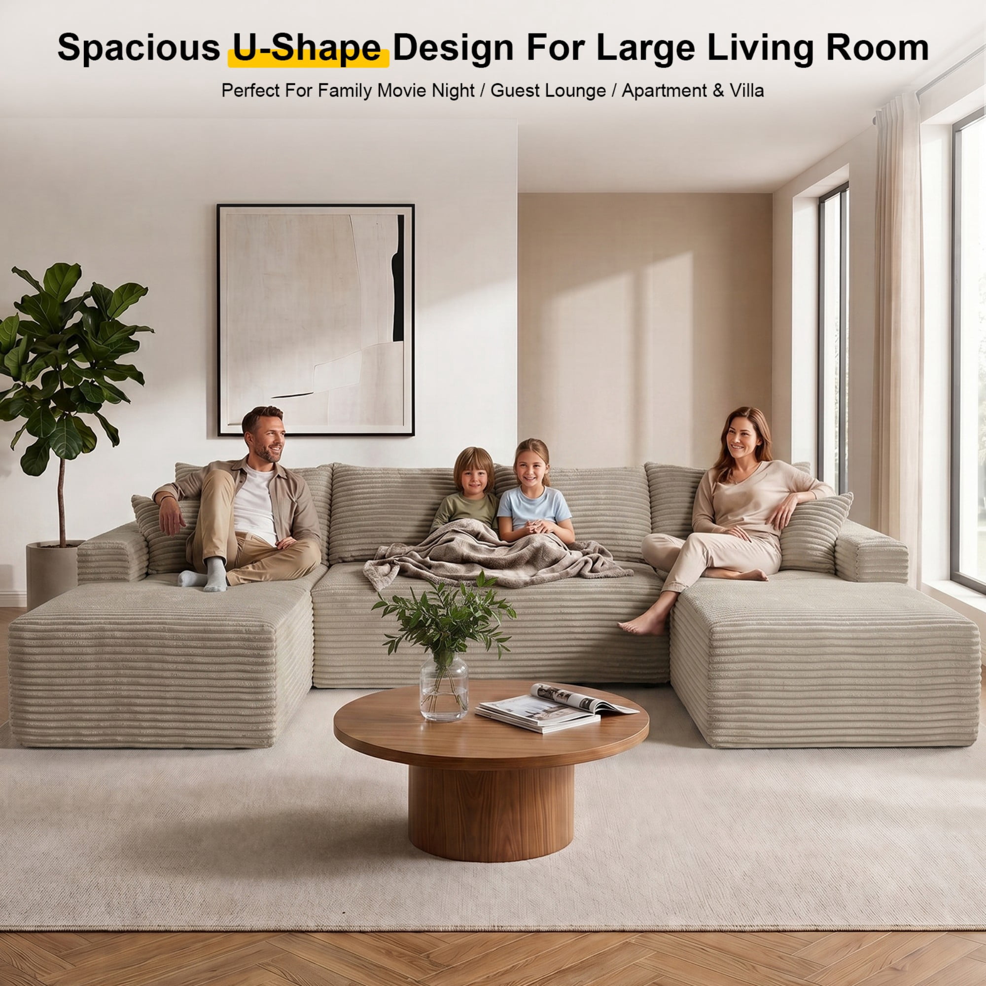 DEALTOPS 134" Corduroy U-Shape Modular Cloud Couch, Double Chaise Sectional Sofa with Cup Holders, Beige