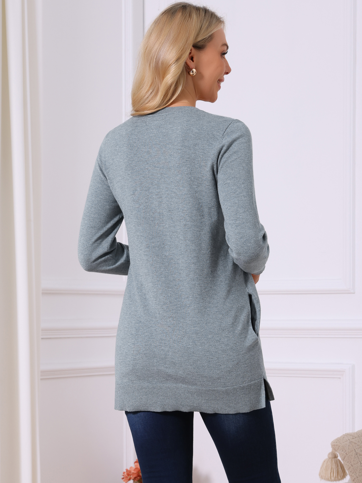 DARING DIVA V Neck Long Sleeve Chunky Knit Pullover Sweater L Grey