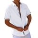 thumbnail image 1 of Camisas De Lino Para Hombre Camisa de vacaciones en la playa Camisa de cárdigan de manga corta Camisa de solapa en contraste con botones en los puños para hombre (White, S), 1 of 4