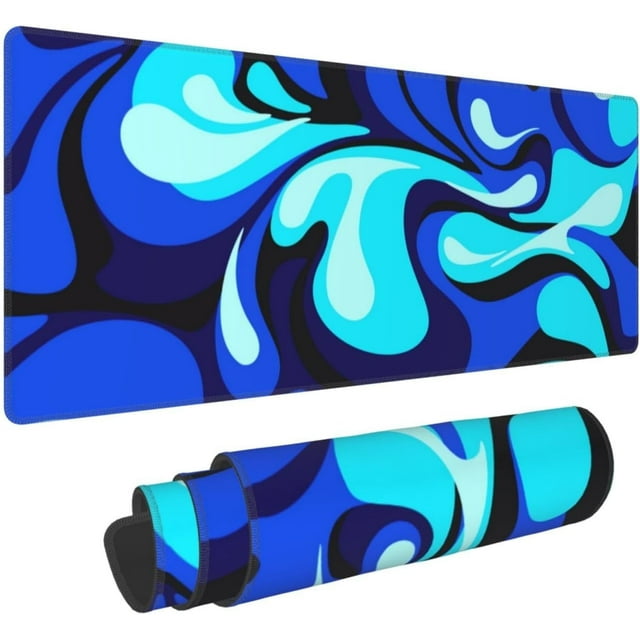 Camo Cool Liquid Large Gaming Mouse Pad, Abstract Fluid Extended Keyboard Mouse Mat, Long Blue and White Computer Gaming Mousepad for Home Office Work Desk Stitched Eges Non-Slip Base Mouse Pads