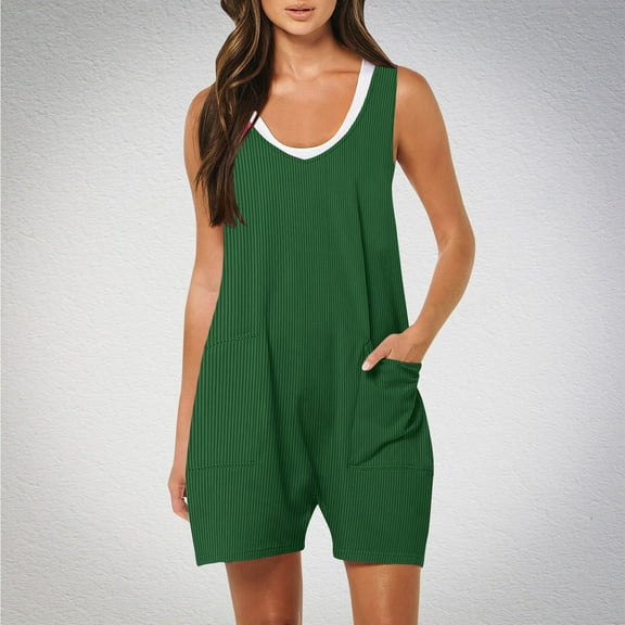 Jumpsuits Short for Women Casual Summer Rompers Sleeveless Solid Color Loose Young Miss Strap Baggy Ribbed Jumpers Overalls Short with Pockets