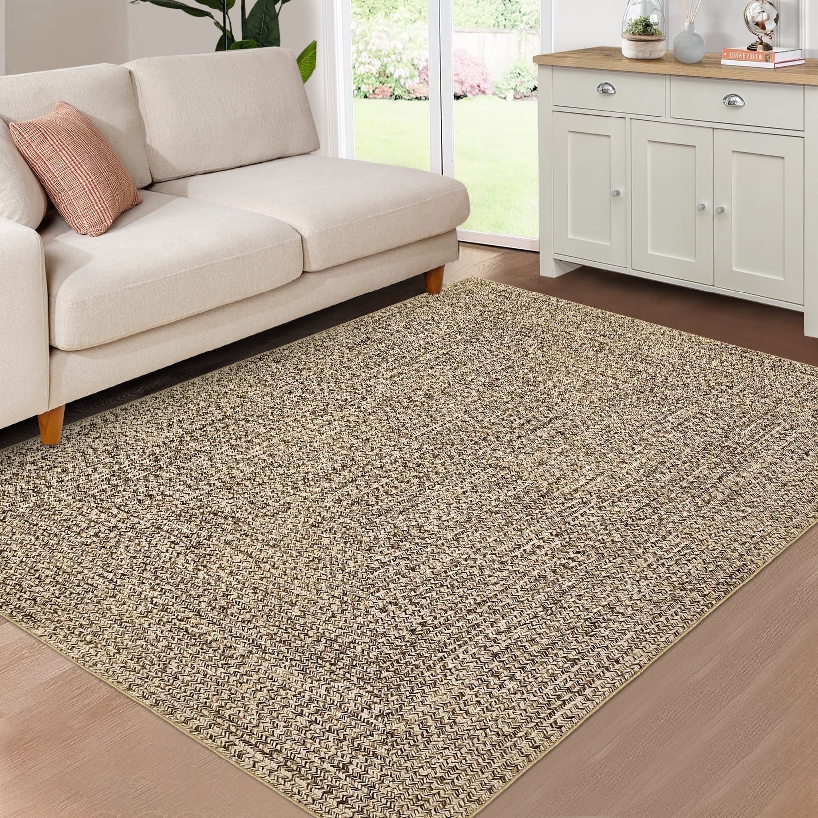 Garvee 8'x10' Area Rugs Braided Print Rug, Machine Washable Indoor Rug Non-Slip Low Pile Farmhouse Solid Carpet for Bedroom, Living Room, Dining Room Office, Yellow