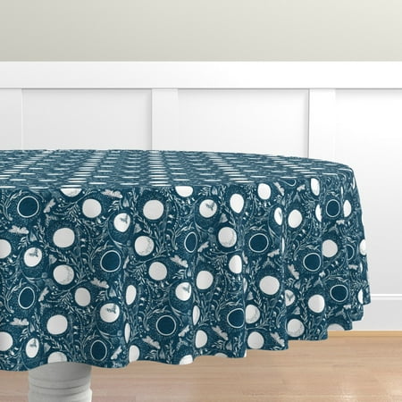 

Cotton Sateen Tablecloth 90 Round - Navy Blue White Moon Night Moth Nature Bohemian Botanical Floral Insect Gender Neutral Print Custom Table Linens by Spoonflower