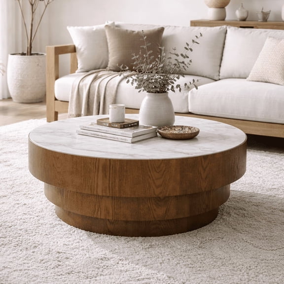 31.5" Round Coffee Table with Sintered Stone Top, MDF with Wood Veneer Tiered Base, Modern Low Profile for Living Room, White