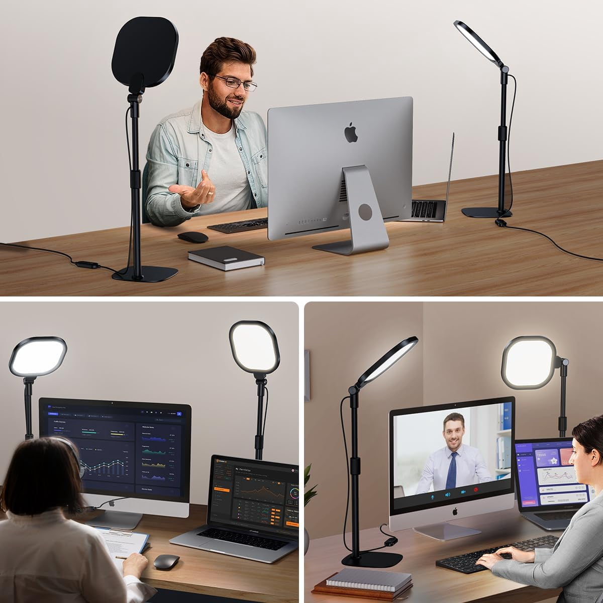 2Pcs Desktop Video Conference Lighting for  Meeting, Computer, Laptop, Work from Home with Nature Soft Light, Adjustable Brightness & Color Temp and Flexible Stand & Versatile Phone Holder