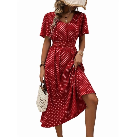 Women'S Vintage Polka Dot Dress V-Neck Waist Cinching Elegant Short Sleeved A-Line Dress Red S