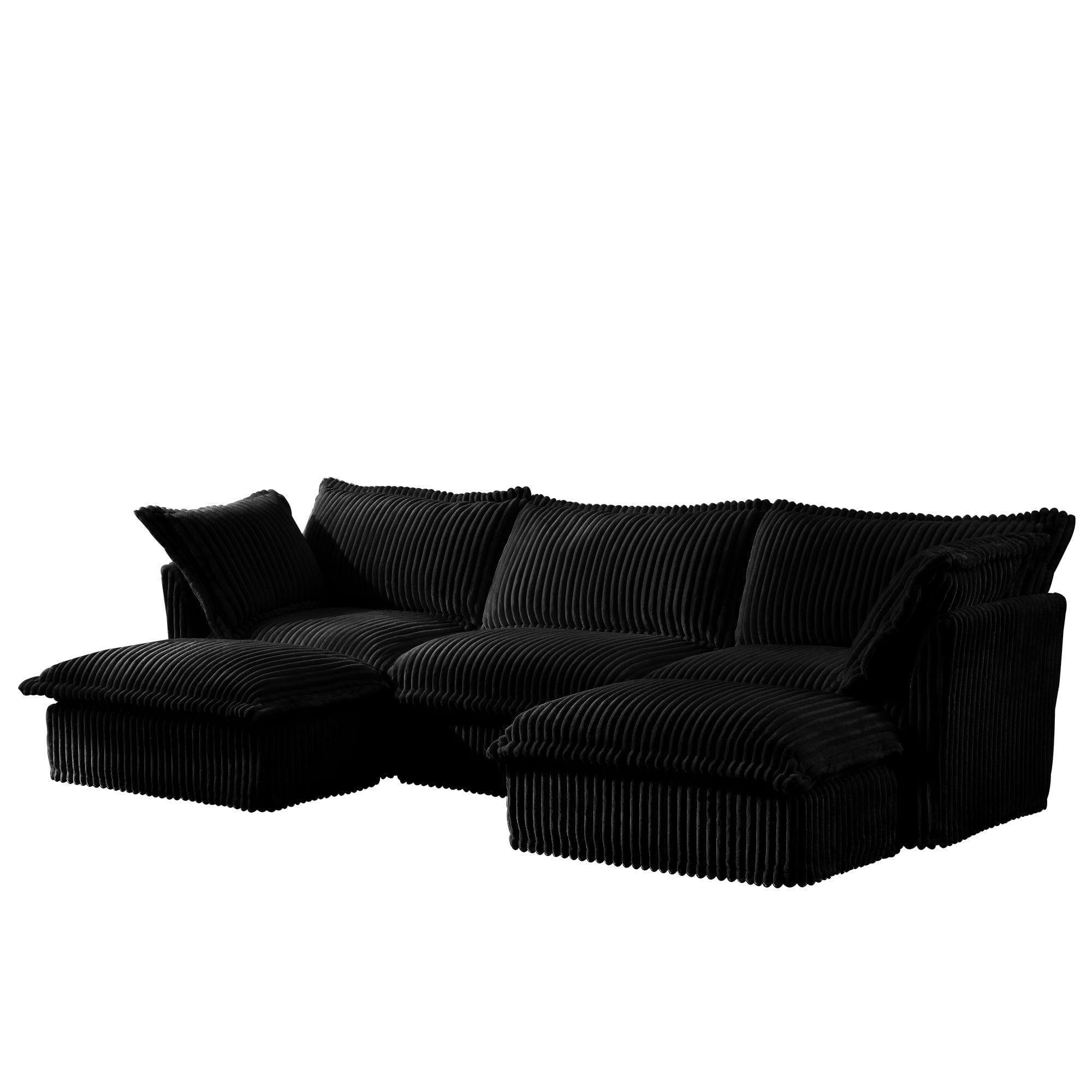 Gewnee Deep Seat Modern 3 Seater Sectional Sofa Couch With 2 Ottomans,U Shape Black Corduroy Fabric Comfy Couch for Living Room