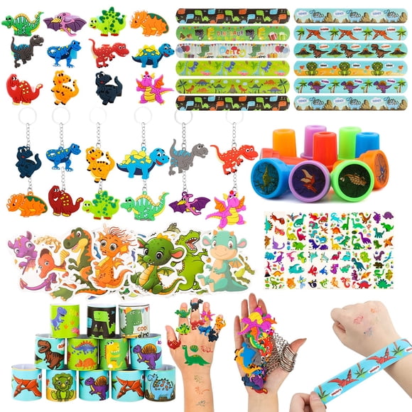 Set Party Favors con forma de dinosaurio, 108 unidades, sellos, pulseras y llaveros