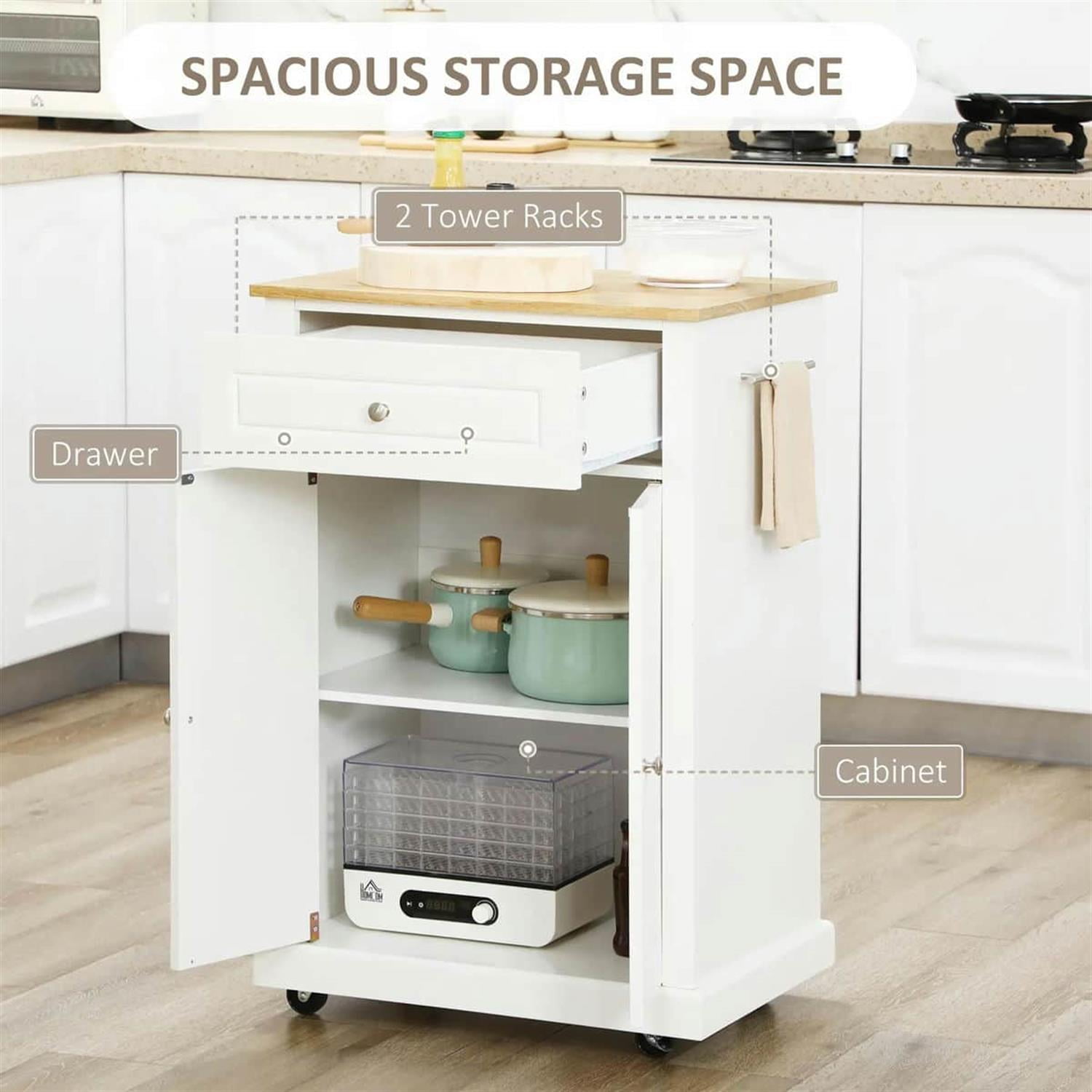 Demi Bonn 35" Rolling Kitchen Island Cart, Mobile Serving Trolley Table with Storage, Adjustable Shelf & 2 Towel Holders for Home & Kitchen, White