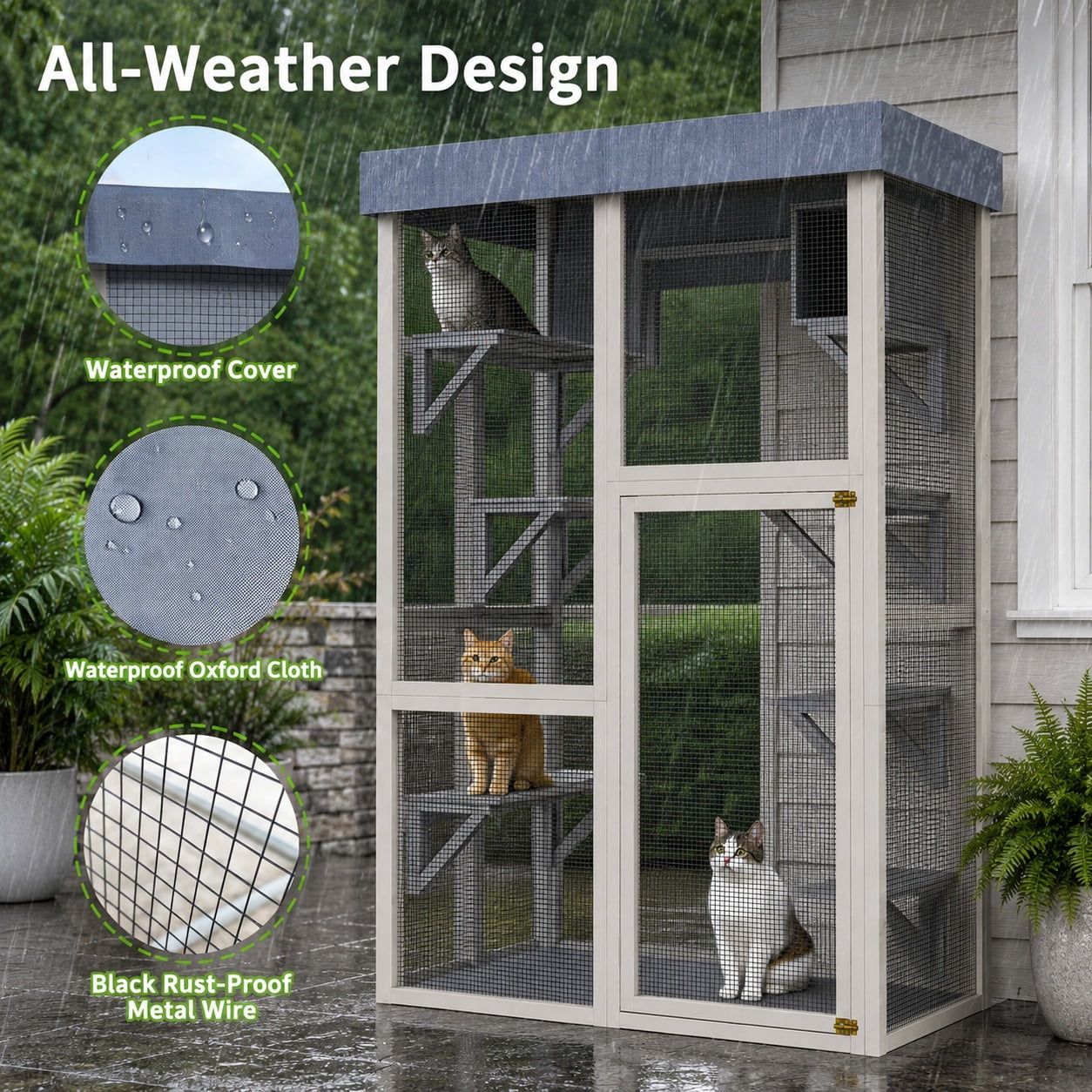 Aukfa 70"H Wooden Outdoor Cat Catio with Waterproof Roof, Large Cat Enclosure for Multiple Cats,Black
