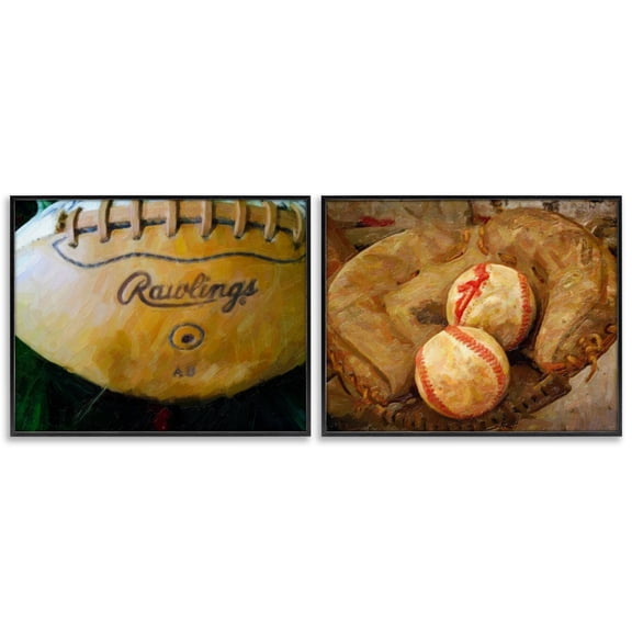 Stupell Industries Sports Balls & Mitt Sports Painting Black Framed Art Print Wall Art, 14 x 11, Set of 2