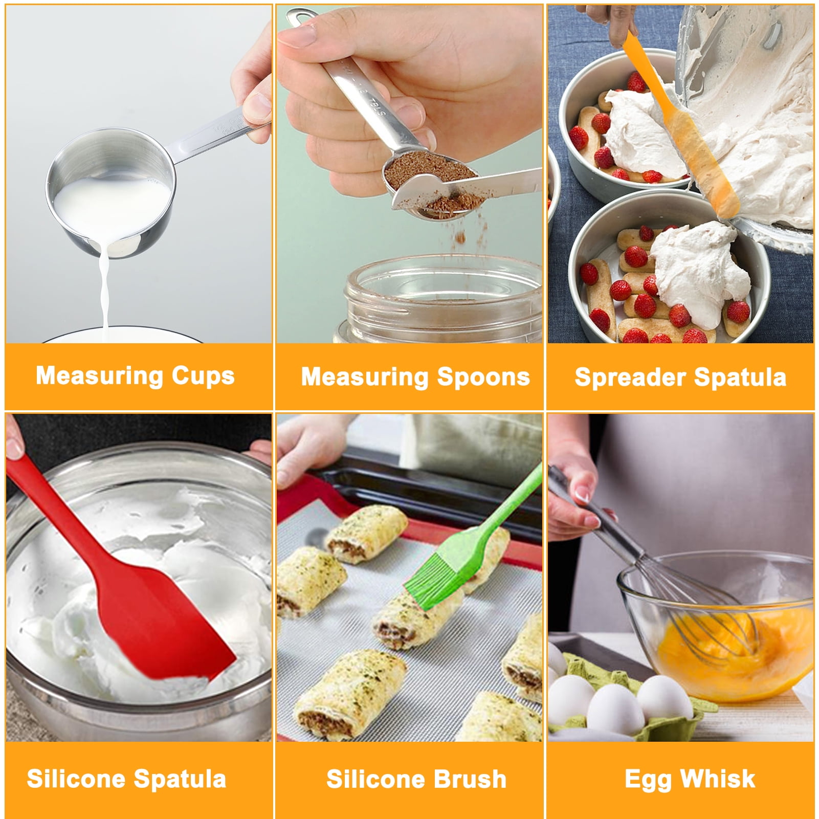 Mixing Bowls with Lids Set, 23 Pcs Kitchen Utensils Stainless Steel Nesting Bowls, Measuring Cups Spoons, 12 Reusable Silicone Stretch Lids Non-Slip Mat Egg Whisk for Baking Cooking by Kosbon