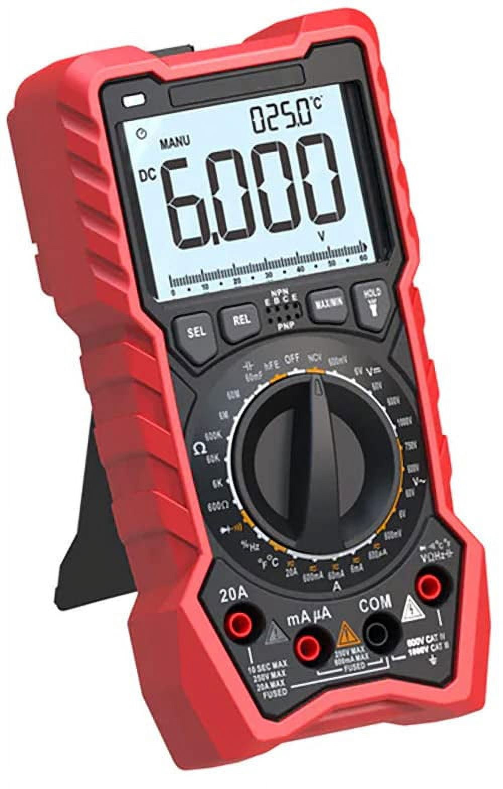 6000 Counts Manual & Auto Ranging True-RMS Digital Multimeter Backlit Display, DC 600mV – 1000V, AC 600mV – 750V, 20A Max Current, Resistance, Capacitance, Frequency, Temp, NCV