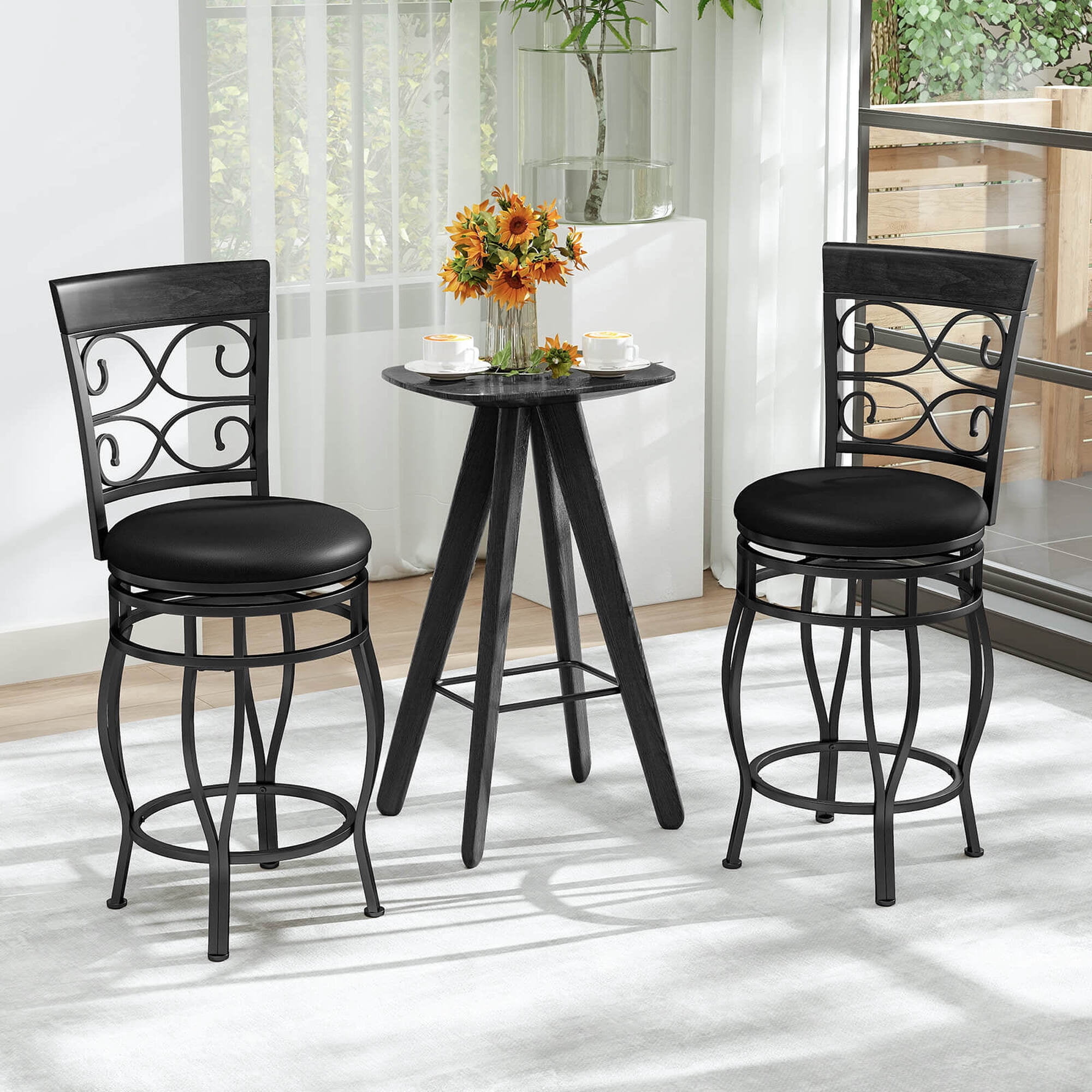 Costway Set of 2 Vintage Swivel Bar Stools 26" Bistro Upholstered Dining Chairs Black