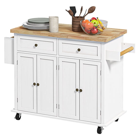 Kitchen Island Cart with Rubberwood Top, White Rolling Island with Drawers, Towel Rack & Spice Rack, Dining Room Storage