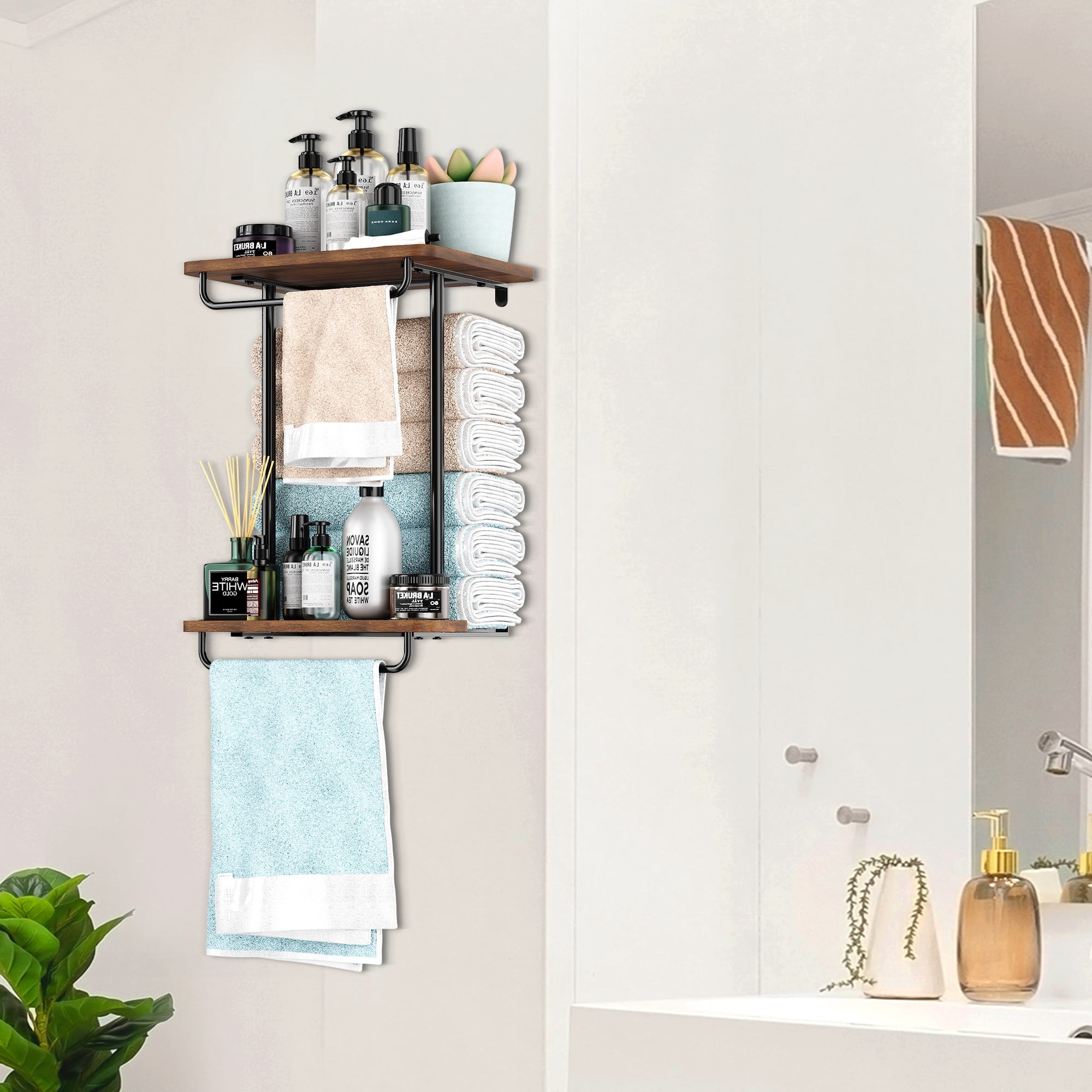 Bath Towel Storage for Small Bathroom Wall Mounted, 2 Tier Towel Shelf, Wall Towel Rack for Rolled Towels, Towel Holder with Metal Shelf, Towel Organizer with Hang Rod