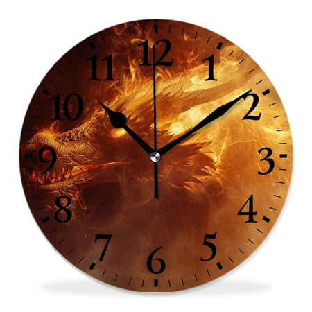 12 Inch Wall Clock Battery Operated Silent Clock Decorative for Office, Kitchen, Outdoor, Living Room,Fire Head of Dragons Flame Elegant