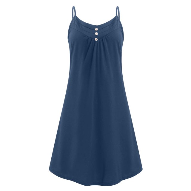 Innerwin Robes à Bretelles Spaghetti Robe Courte Mini Robe de Soirée Boutonnée Ample Robe Trapèze Bleu Foncé 4TG