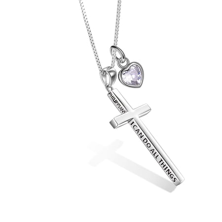 YAFEINI Sterling Silver Cross Necklace for Women April Birthstone Philippians 4:13 I Can Do All Things Necklace for Men Birthday 20+2'' (silver-04 April)