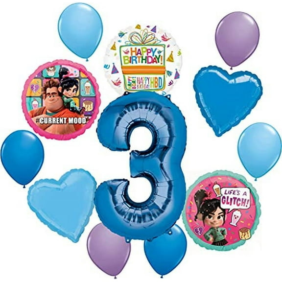 Wreck It Ralph and Vanellope Party Supplies 3rd Birthday Balloon Bouquet Decorations Blue Number 3