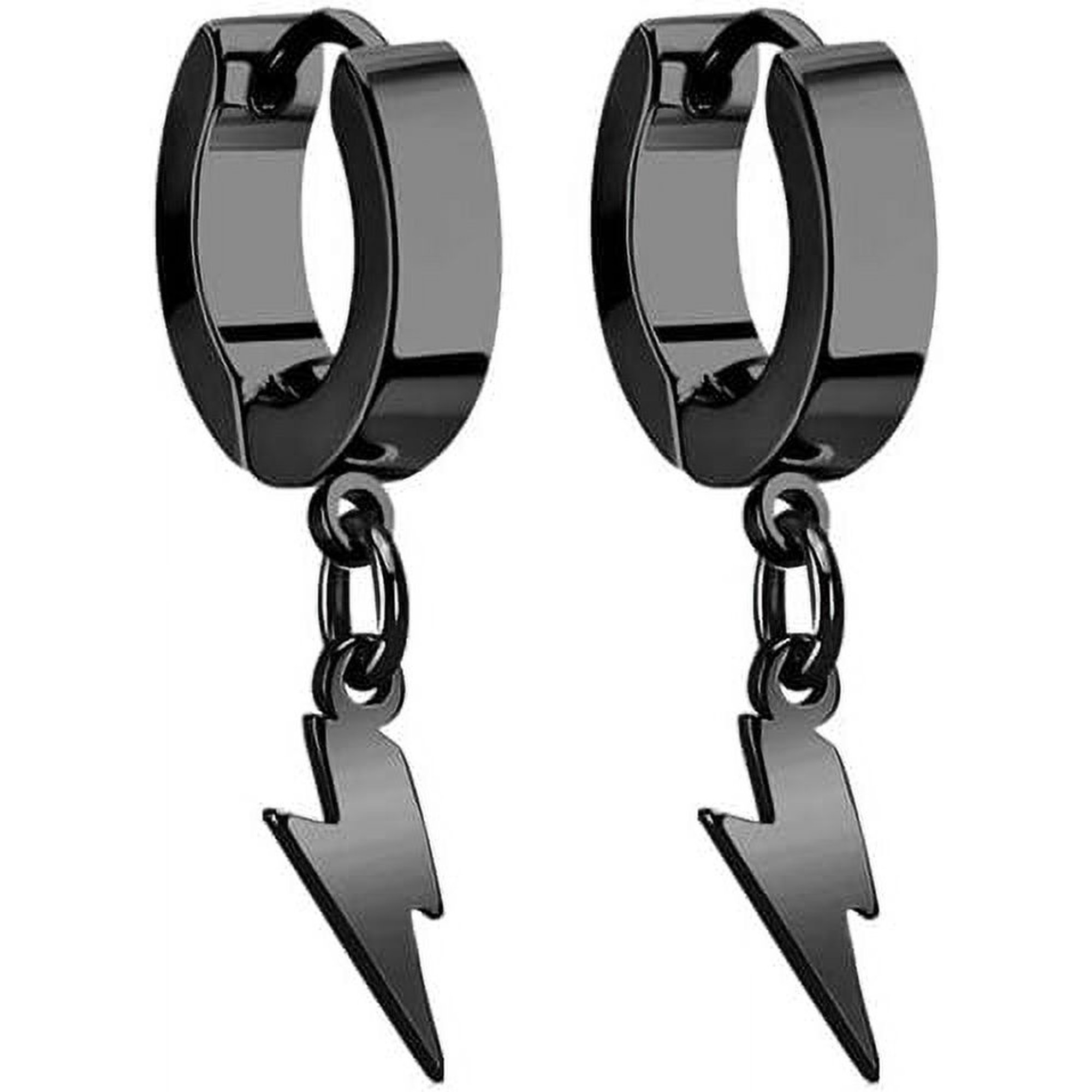 Unisex punk hip-hop stainless steel lightning bolt pendant earrings in silver, black, and gold clasps, suitable as a gift for women and men.