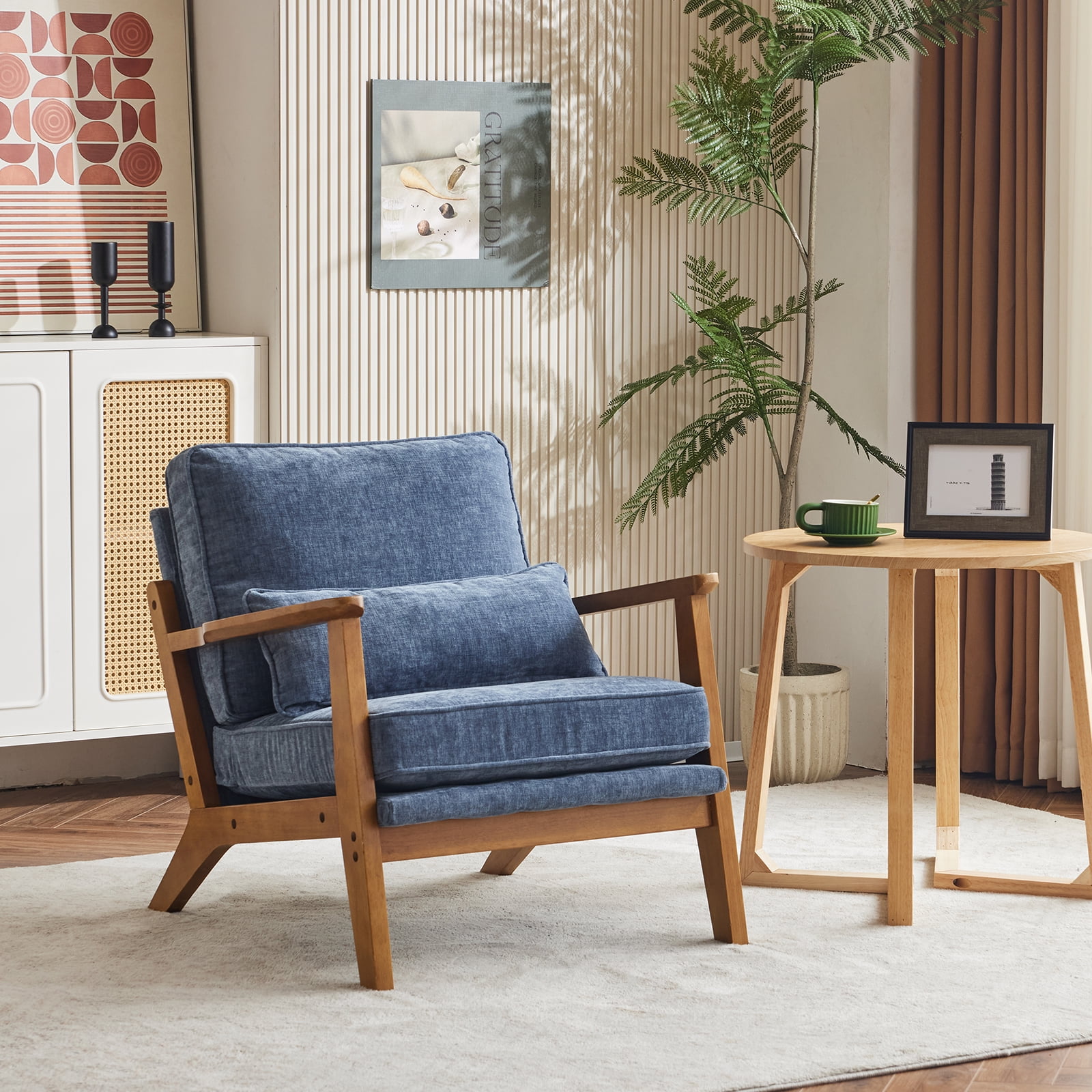 Ktaxon Accent Chair Chenille Upholstered Armchair, Reading Club Chair with Pillow for Living Room Bedroom Furniture Blue